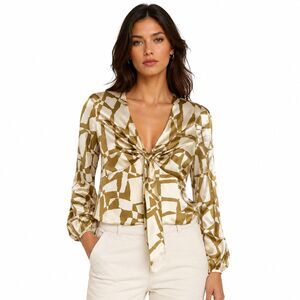 Parker Blouse Womens XXS Beige Geometric Satin V Neck Long Sleeve Top Tie Front